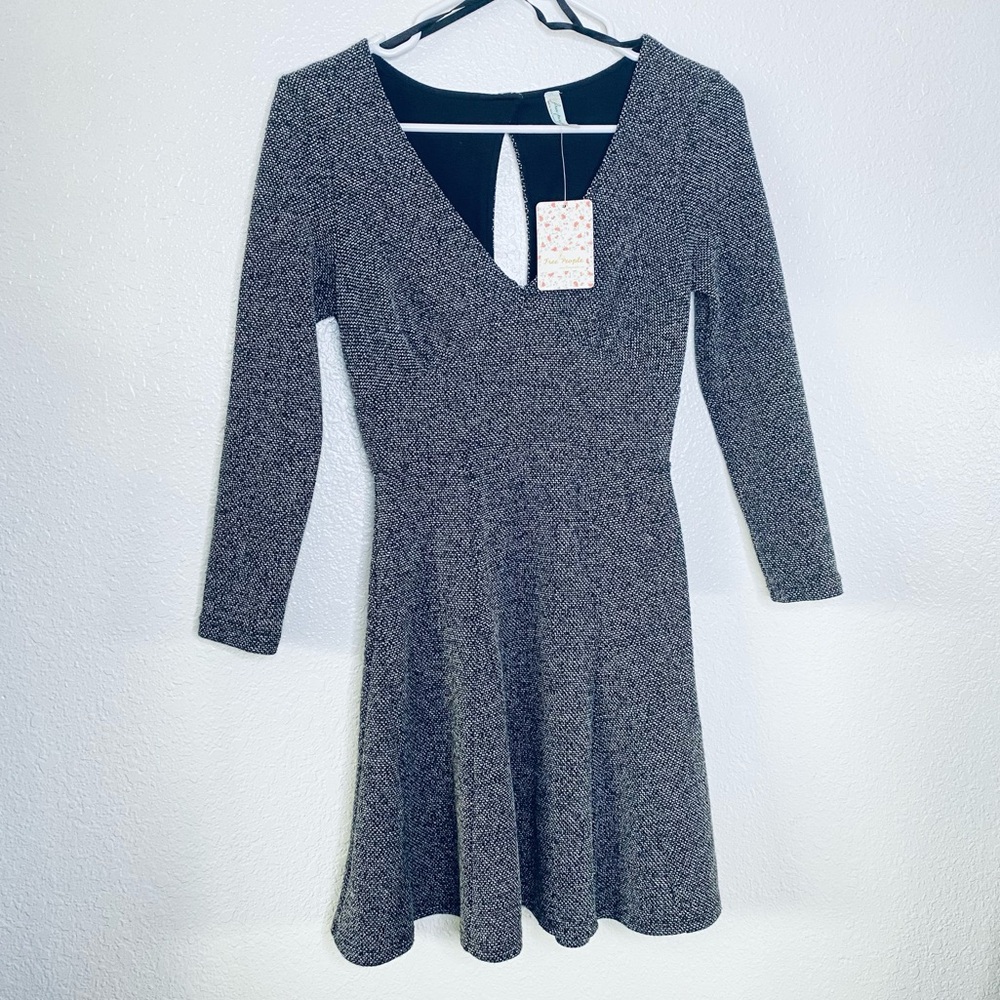 🍓 Free People NEW Heart Stopper Black Tweed Knit Deep V-Neck Flare Mini Dress XS